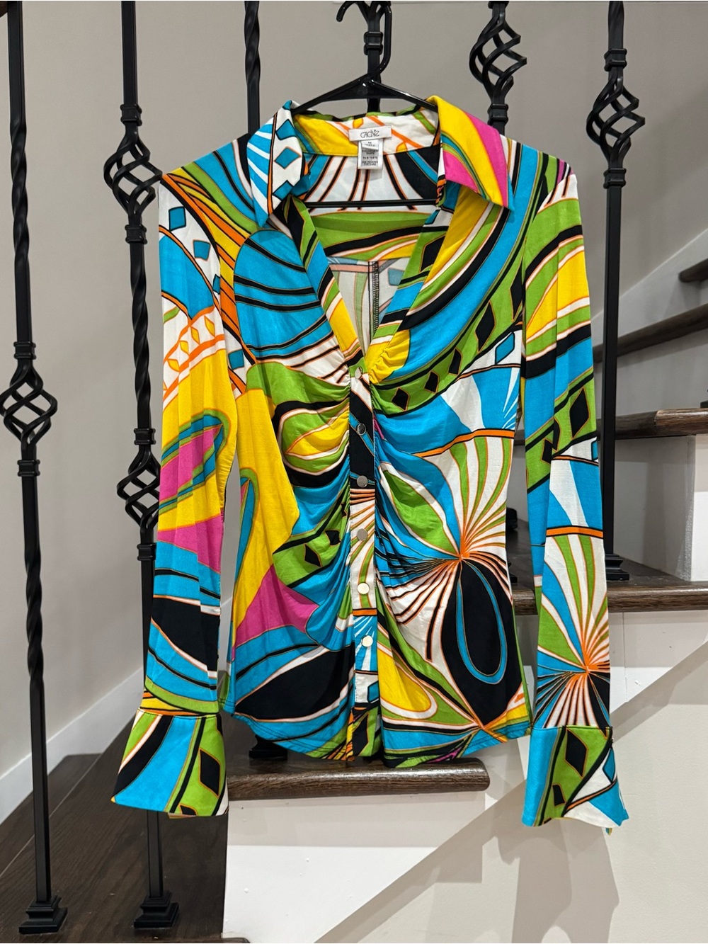 Vintage Cache Pucci Inspired Multicolor Twist-Front Long Sleeve Top